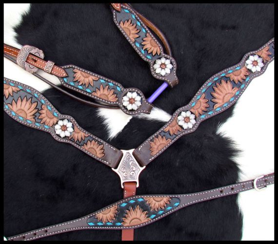Showman Sunflower Tooled Browband Headstall and Breastcollar Set #4